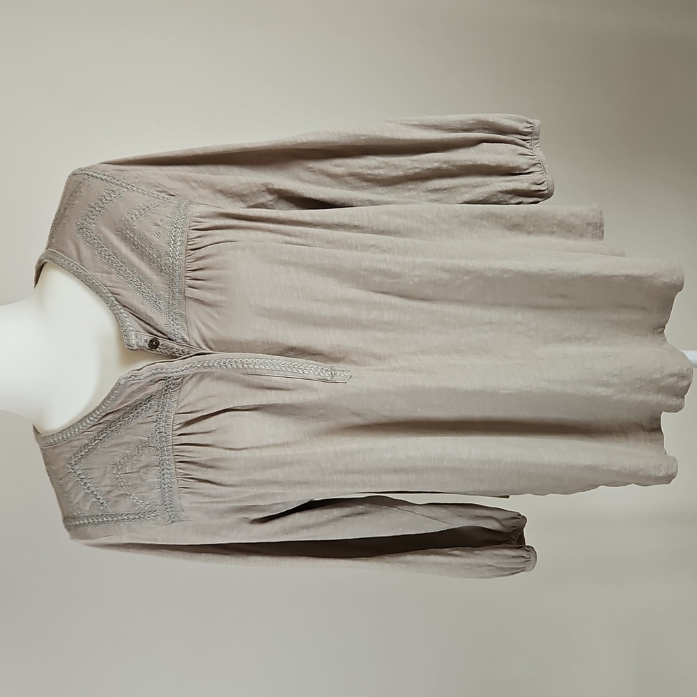Lucky Brand 1X Popover Tunic Top Tan Embroidered Yoke Full Sleeves Boho Cotton